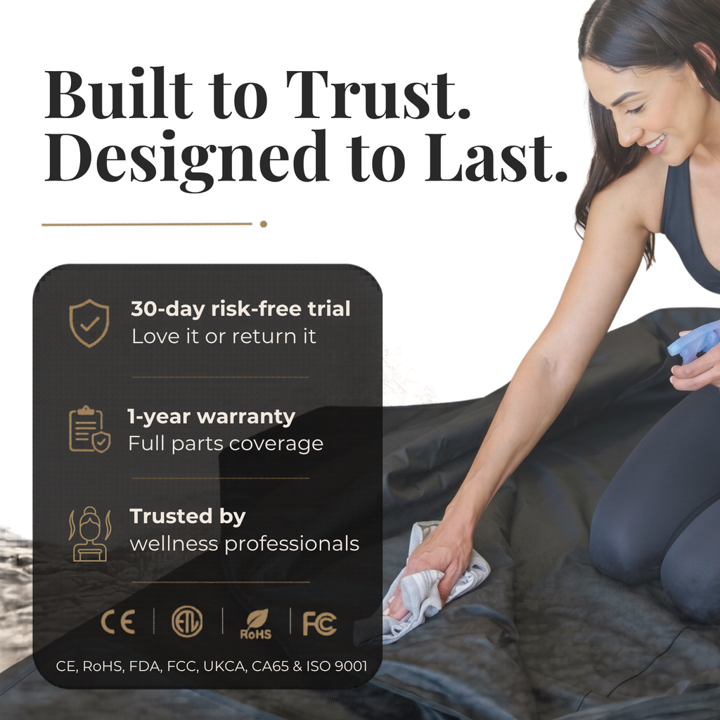 Woman cleaning a surface with text about product warranty and trial offer on a black card.