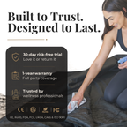 Woman cleaning a surface with text about product warranty and trial offer on a black card.