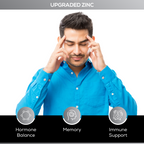 Man in blue shirt with text about upgraded zinc benefits on a white background