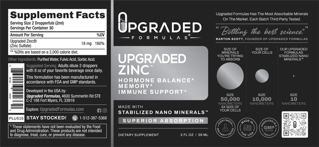 Supplement label for 'Upgraded Formulas' with text and graphics on a black background