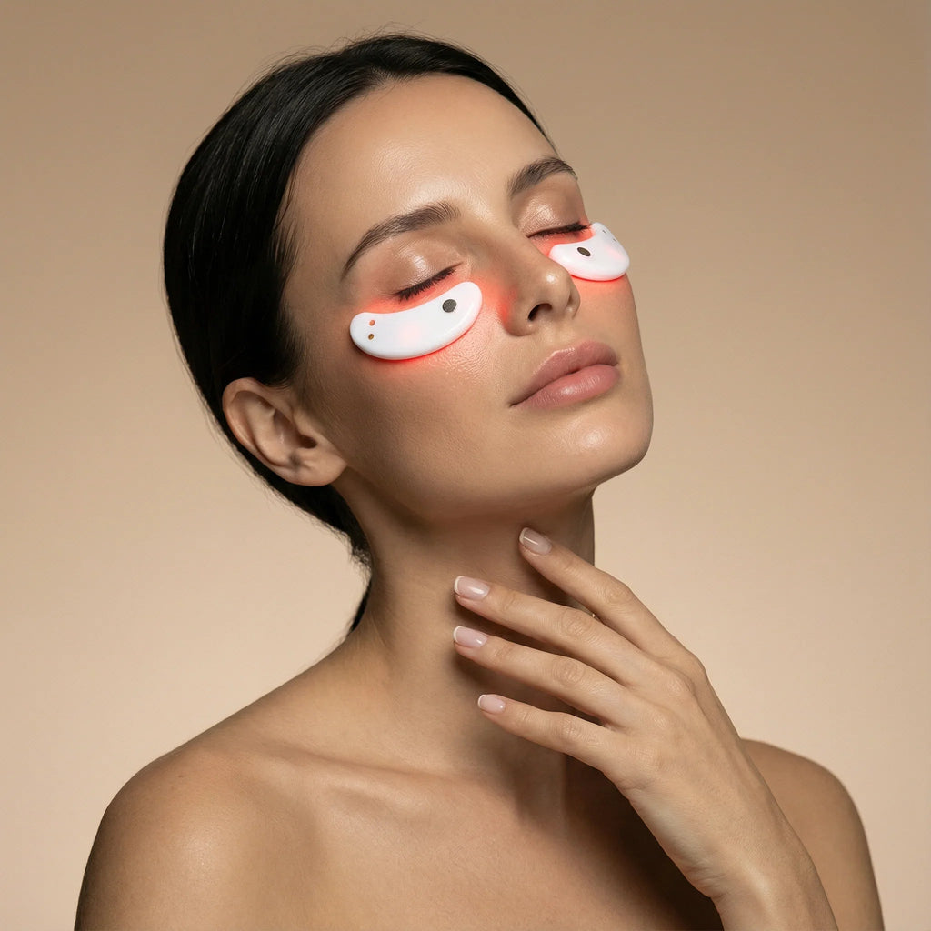 Woman with eye patches on a beige background