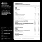 A supplement facts panel on a black background with white text, showing a supplement label titled 'Supplement Facts' with serving size, calories, nutrients, and ingredient list. Left-side icons and text describe transparency, no artificial coloring, no added sugar, non-GMO, and third-party testing.