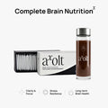 A bottle of axolt Complete Brain Nutrition drink and its packaging box on a light gray background, with text highlighting benefits: Clarity & Focus, Stress Resilience, and Long-term Brain Health.