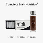 A bottle of axolt Complete Brain Nutrition drink and its packaging box on a light gray background, with text highlighting benefits: Clarity & Focus, Stress Resilience, and Long-term Brain Health.
