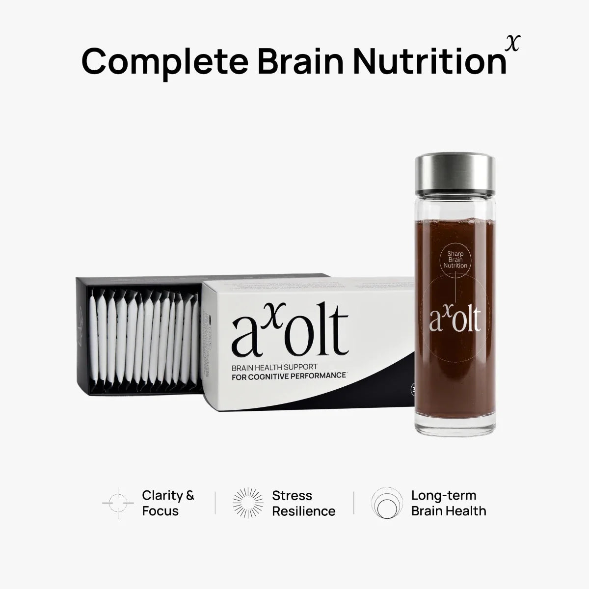 A bottle of axolt Complete Brain Nutrition drink and its packaging box on a light gray background, with text highlighting benefits: Clarity & Focus, Stress Resilience, and Long-term Brain Health.
