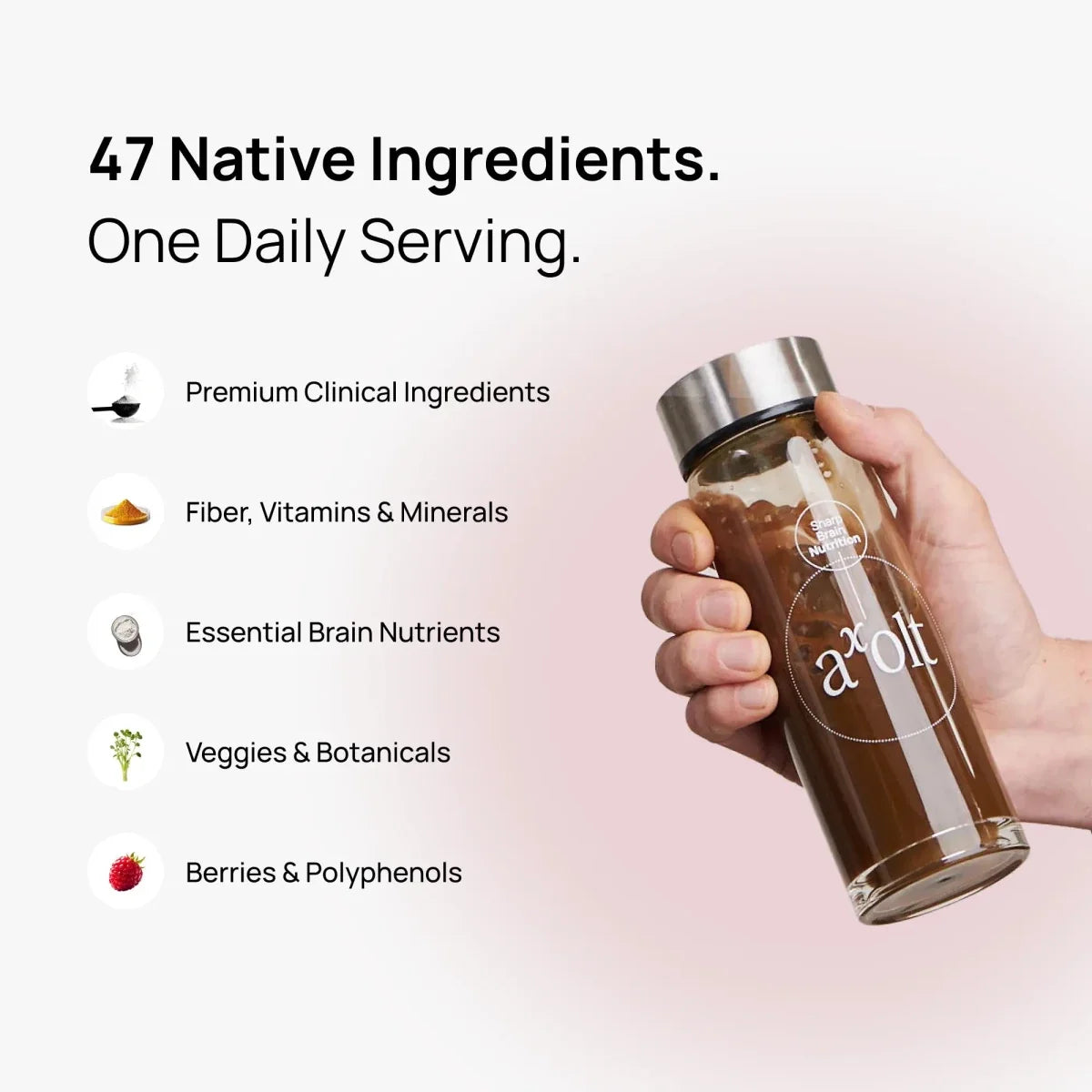 A hand holds a clear glass water bottle with a silver lid, filled with a dark brown herbal tea blend. The image includes marketing text on a light pink gradient background: '47 Native Ingredients.