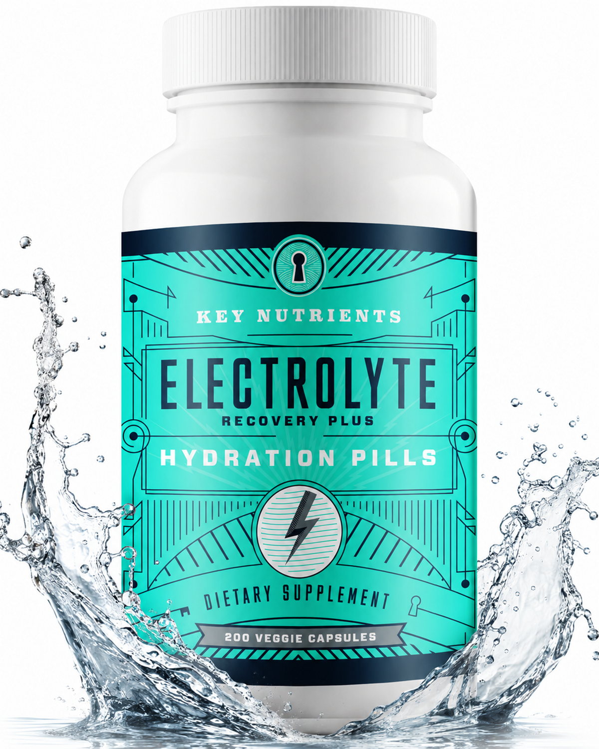 A white bottle of Key Nutrients Electrolyte Recovery Plus Hydration Pills, featuring a bright teal and black label, surrounded by a dynamic splash of water on a white background.