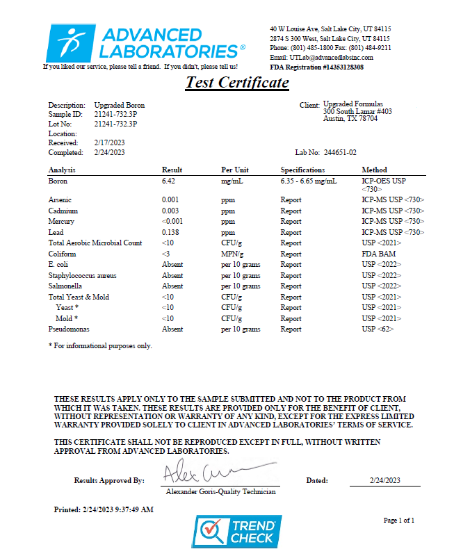 Advanced Laboratories test certificate with various analytical results.