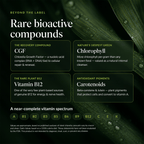 An informational graphic with a dark green leafy background and text panels explaining rare bioactive compounds: CGF, Chlorophyll, Vitamin B12, and carotenoids. A row of vitamin letter circles at the bottom reads A through K.