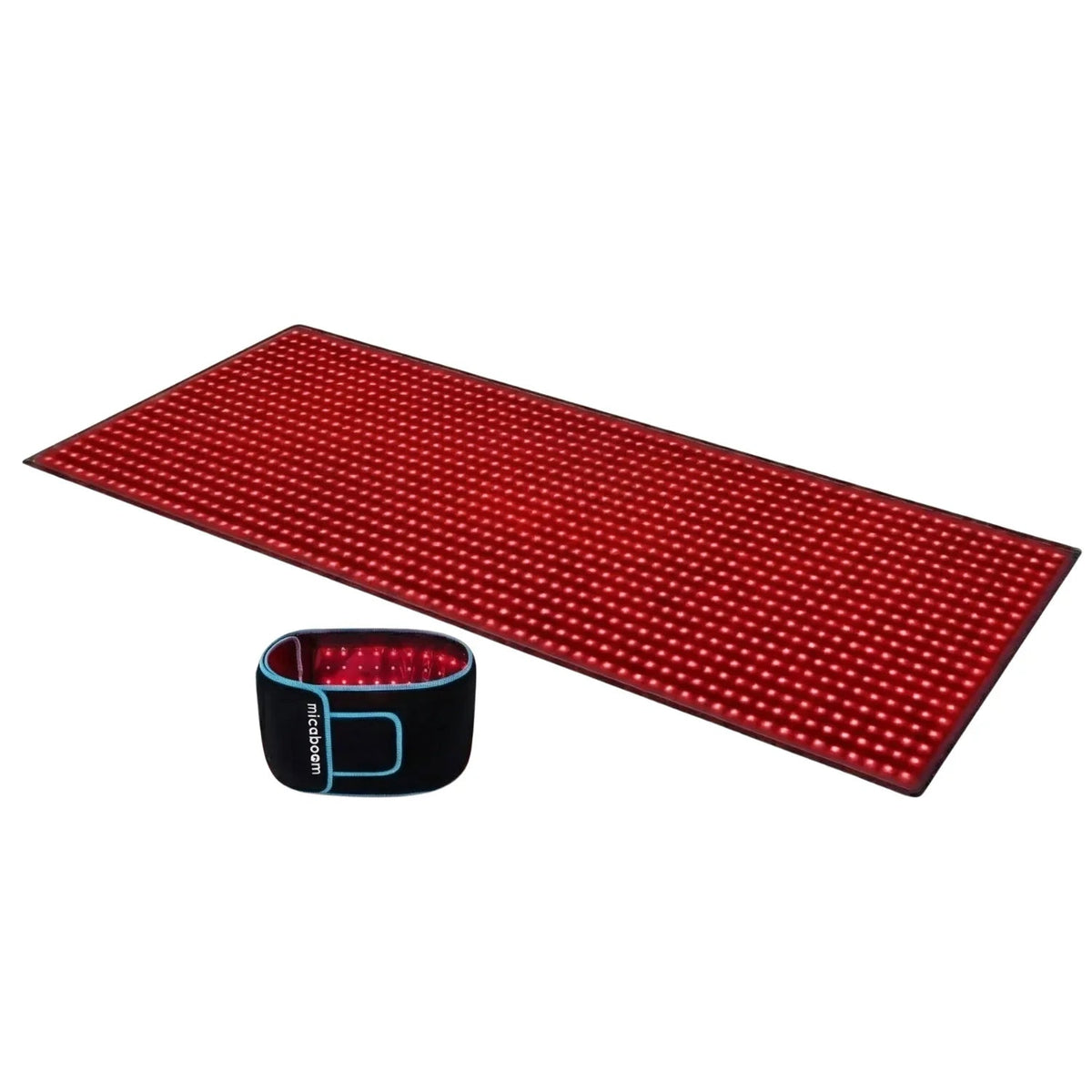 Red acupressure mat with a black wristband on a white background