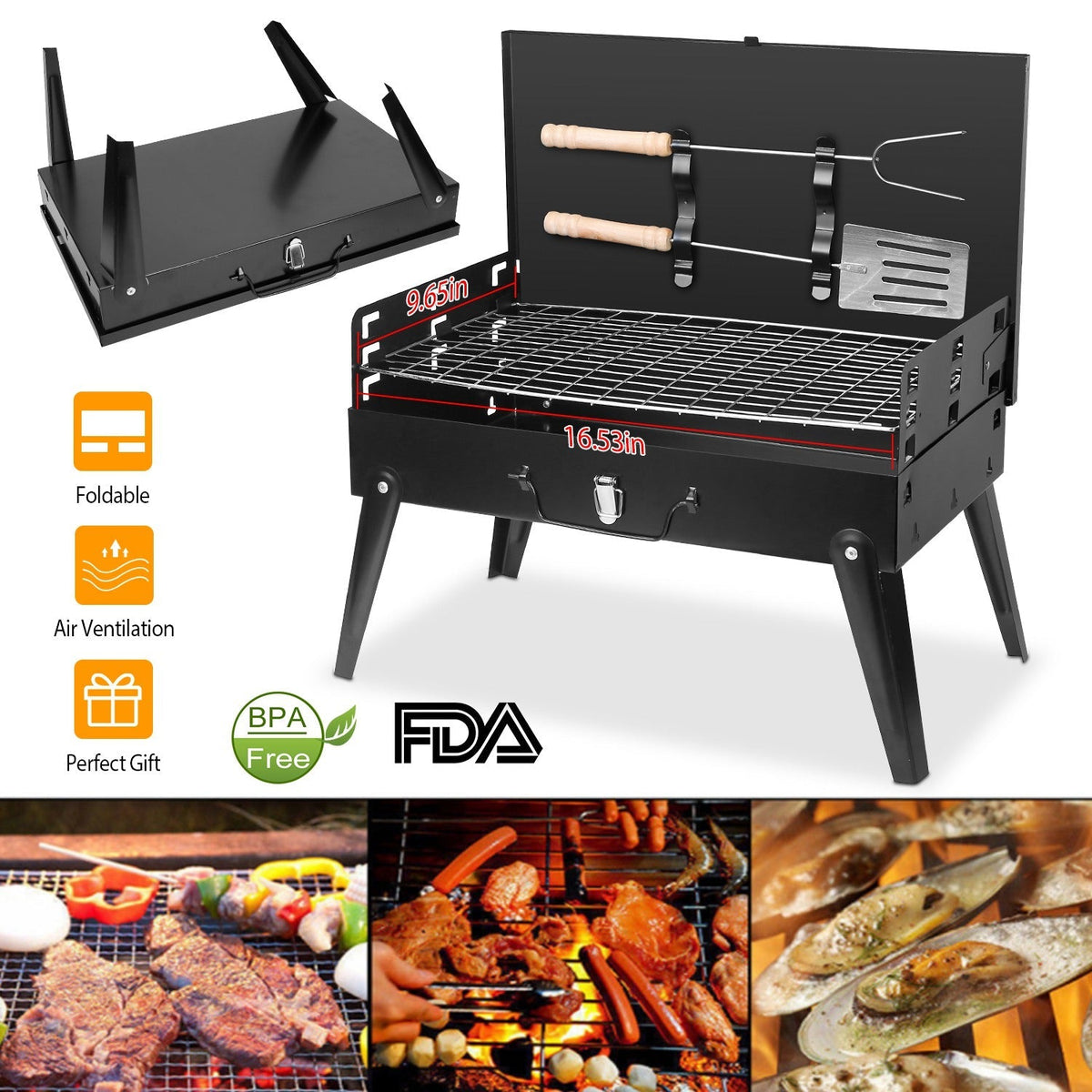 Foldable barbecue grill with accessories on a white background, featuring FDA certification and cooking images.