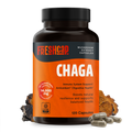 Bottle of Freshcap Chaga mushroom extract capsules on a white background
