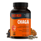 Bottle of Freshcap Chaga mushroom extract capsules on a white background