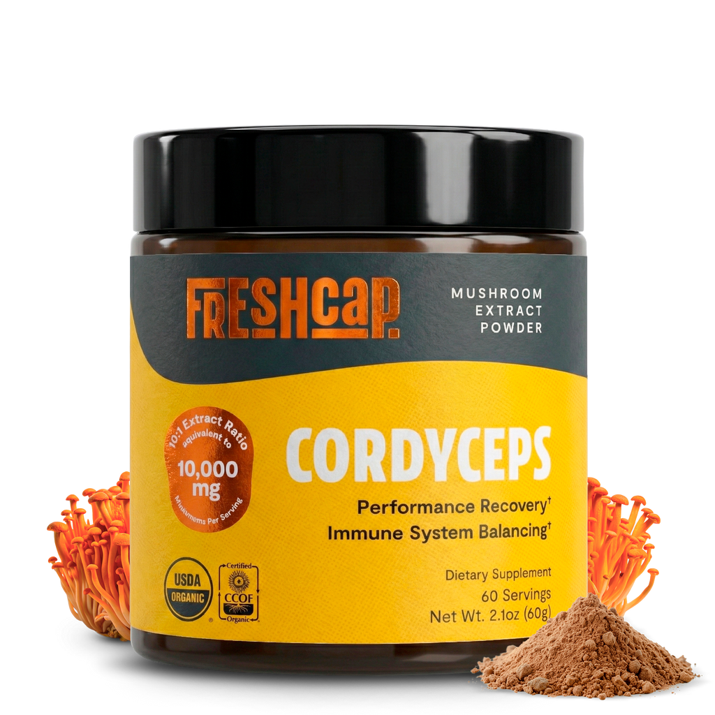 Jar of FreshCap Cordyceps mushroom extract powder on a white background
