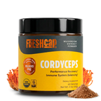 Jar of FreshCap Cordyceps mushroom extract powder on a white background