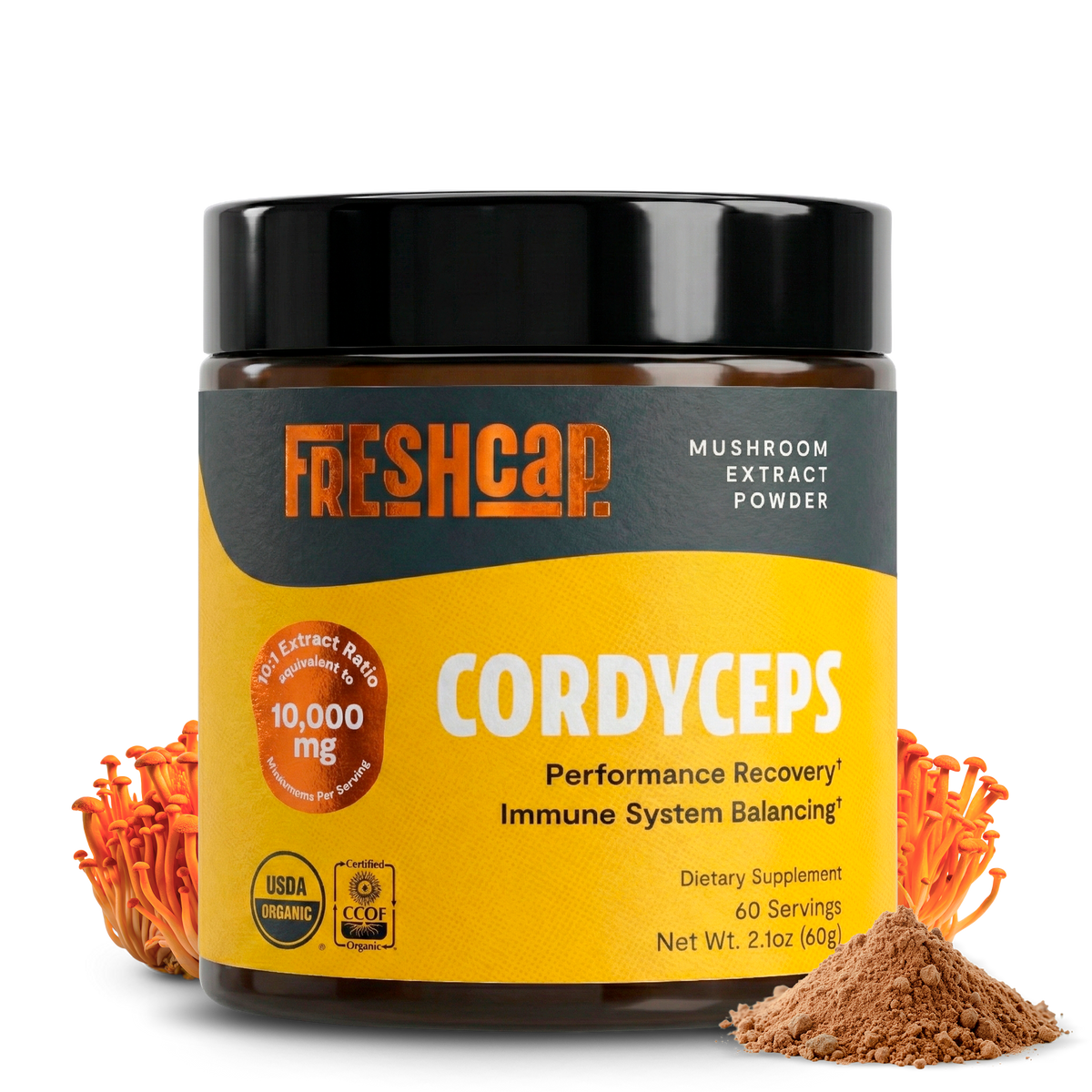 Jar of FreshCap Cordyceps mushroom extract powder on a white background