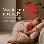 Woman lying on a bed with a red light therapy device above her, text about feeling tired.