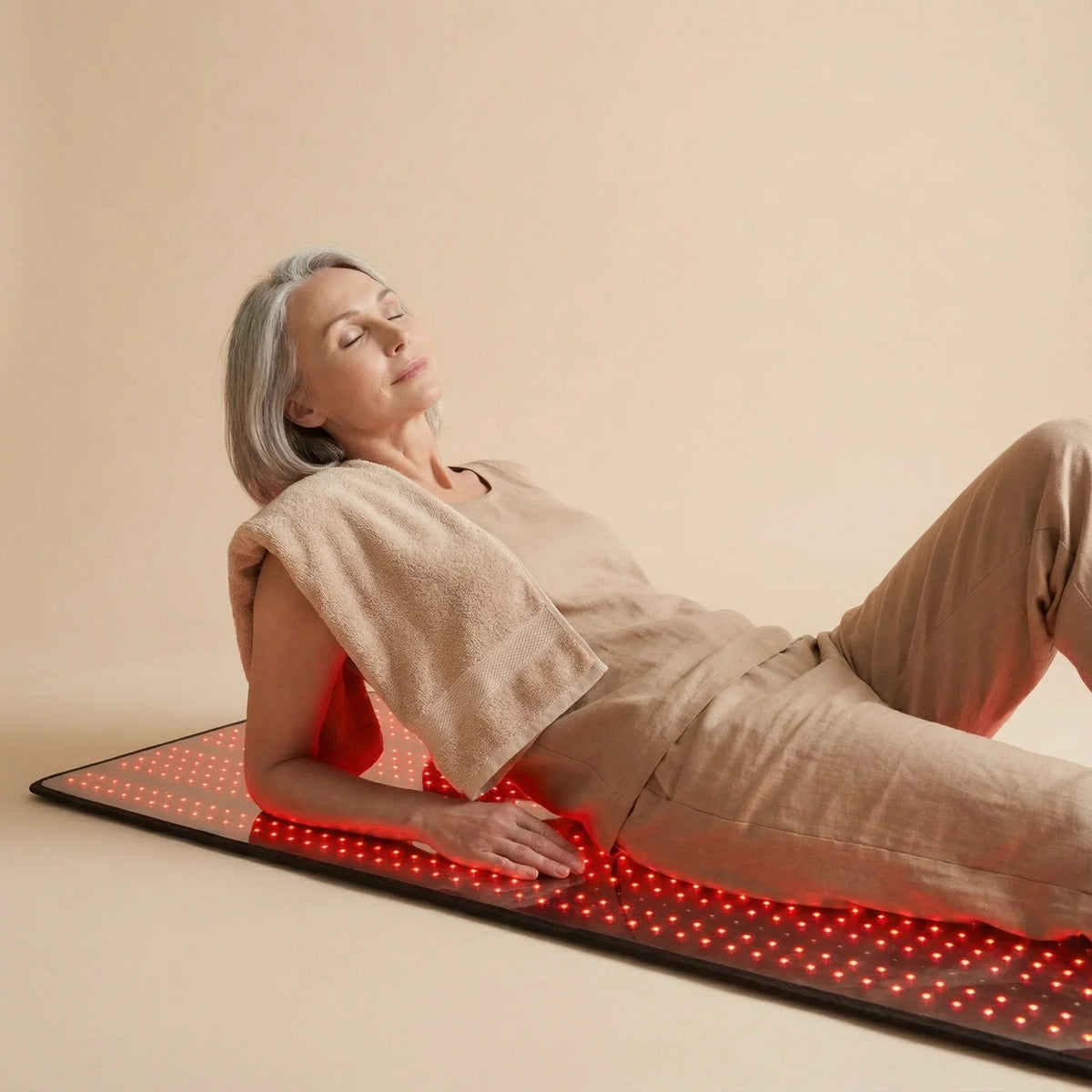 Woman lying on a red LED mat with a towel over her shoulder against a beige background