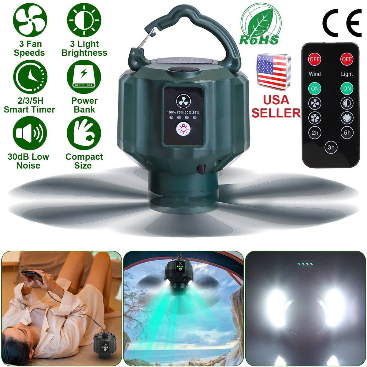 Portable fan with lighting features and remote control, labeled as a USA seller.