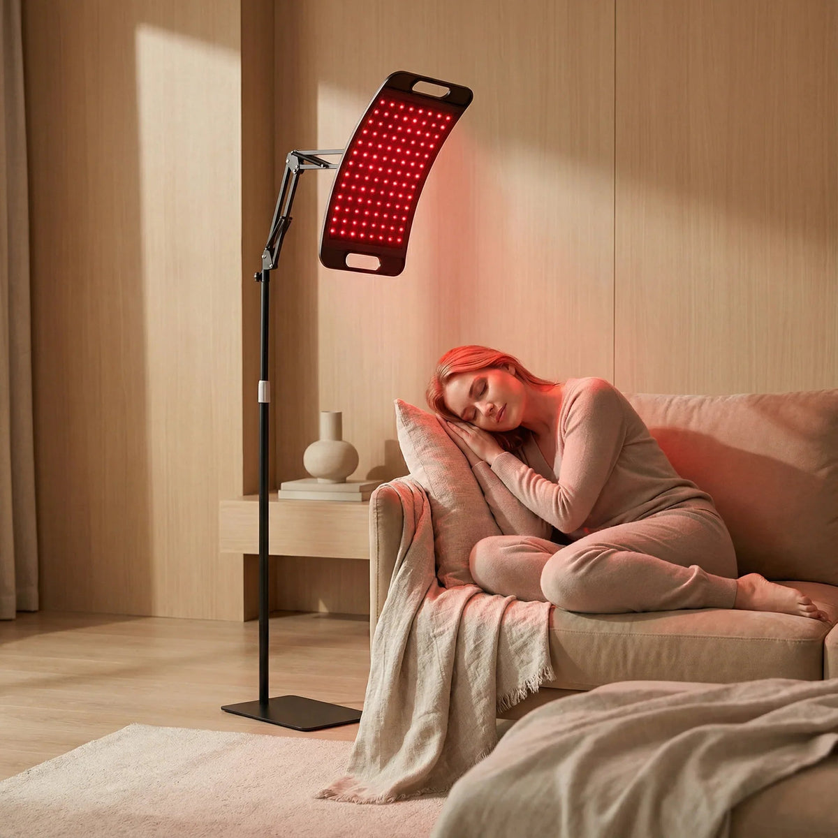 Woman lying on a couch with a red light therapy device above her