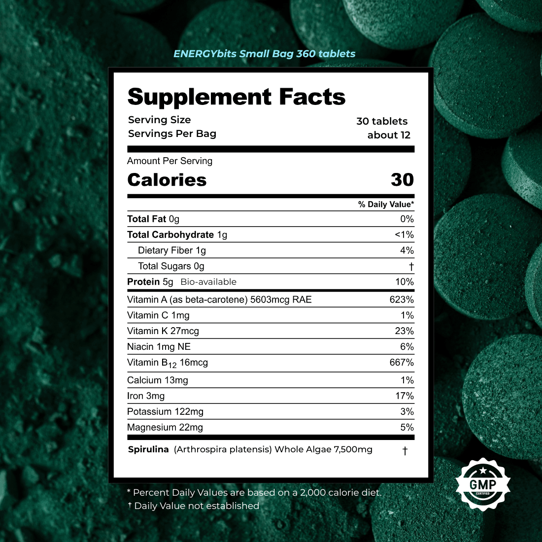 A supplement facts label for ENERGYbits Small Bag 360 tablets, showing a nutrition panel with ingredients and a GMP seal, set against a dark green textured background of round tablets.