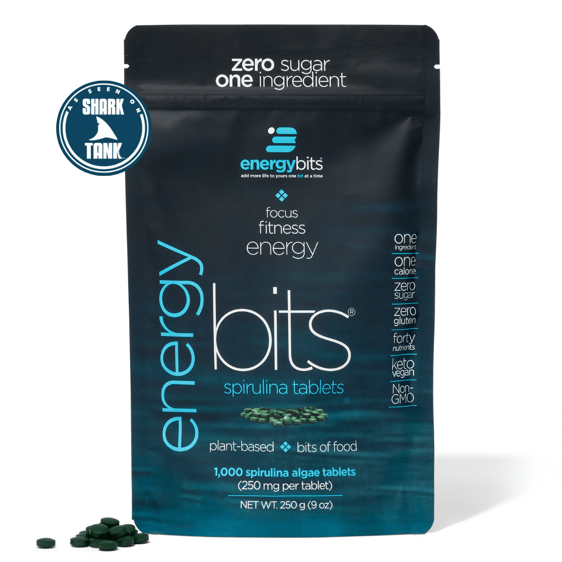 Package of energy bits spirulina tablets with Shark Tank logo