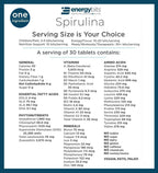 Nutritional information label for Energybits Spirulina tablets with serving size details.