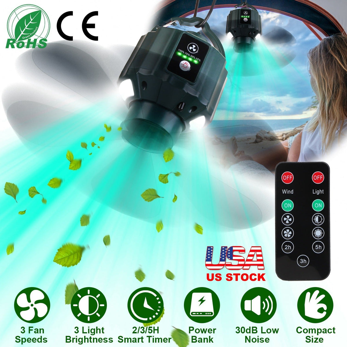 Outdoor fan with light and remote control, featuring Région, CE, and USA stock logos.