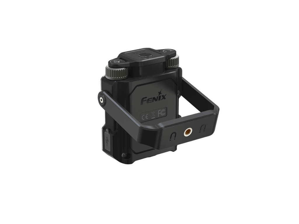 Black tactical flashlight or light attachment with 'Fenix' branding on a green background