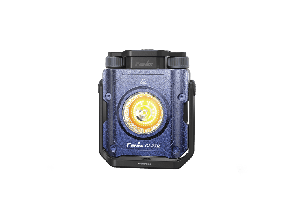 A Fenix CL27R LED flashlight with a textured blue and black rugged body, featuring a prominent circular yellow and orange dial on the front face, set against a solid white background.