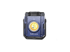 A Fenix CL27R LED flashlight with a textured blue and black rugged body, featuring a prominent circular yellow and orange dial on the front face, set against a solid white background.