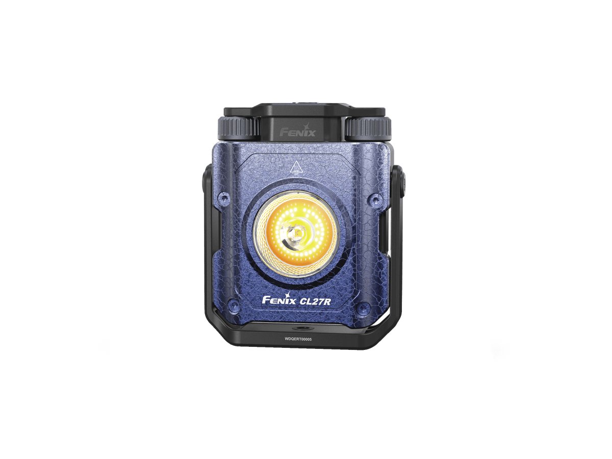 A Fenix CL27R LED flashlight with a textured blue and black rugged body, featuring a prominent circular yellow and orange dial on the front face, set against a solid white background.