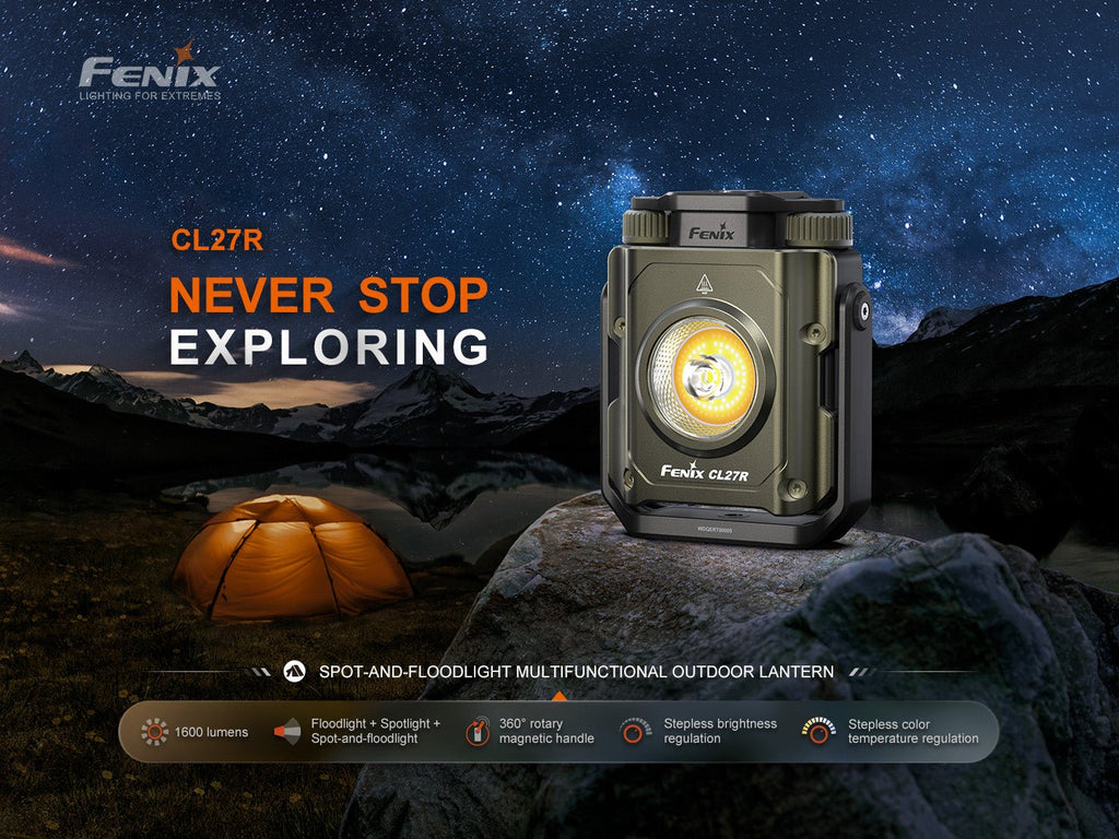 Fenix CL27R outdoor lantern on a rock with a starry night sky and tent in the background, featuring the brand 'Fenix'.