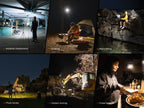 Collage of various scenes including industrial maintenance, camping, night fishing, photo shoots, outdoor working, and power outages.