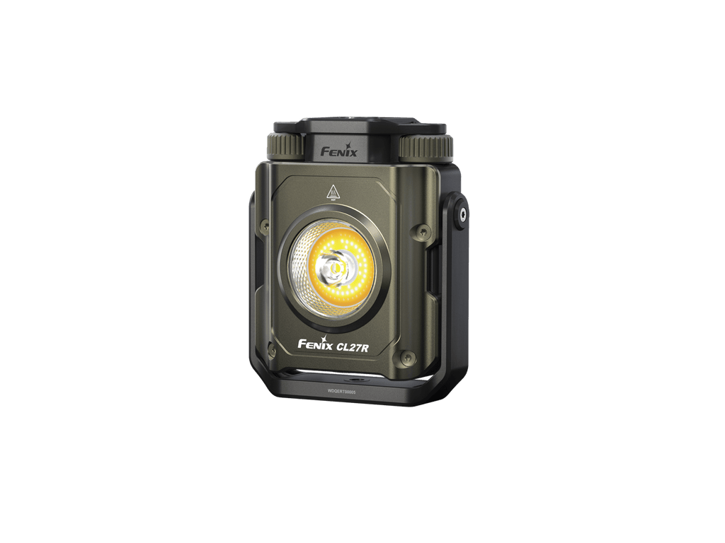 A Fenix CL27R LED flashlight in a dark olive green anodized aluminum finish with black accents, featuring a prominent circular yellow and silver lens on the front.