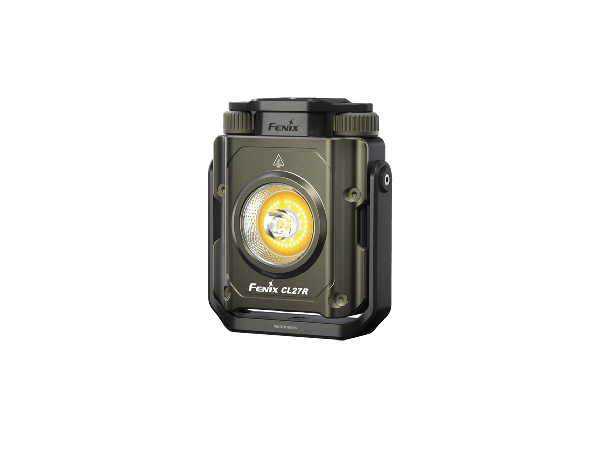 A Fenix CL27R LED flashlight in a dark olive green anodized aluminum finish with black accents, featuring a prominent circular yellow and silver lens on the front.