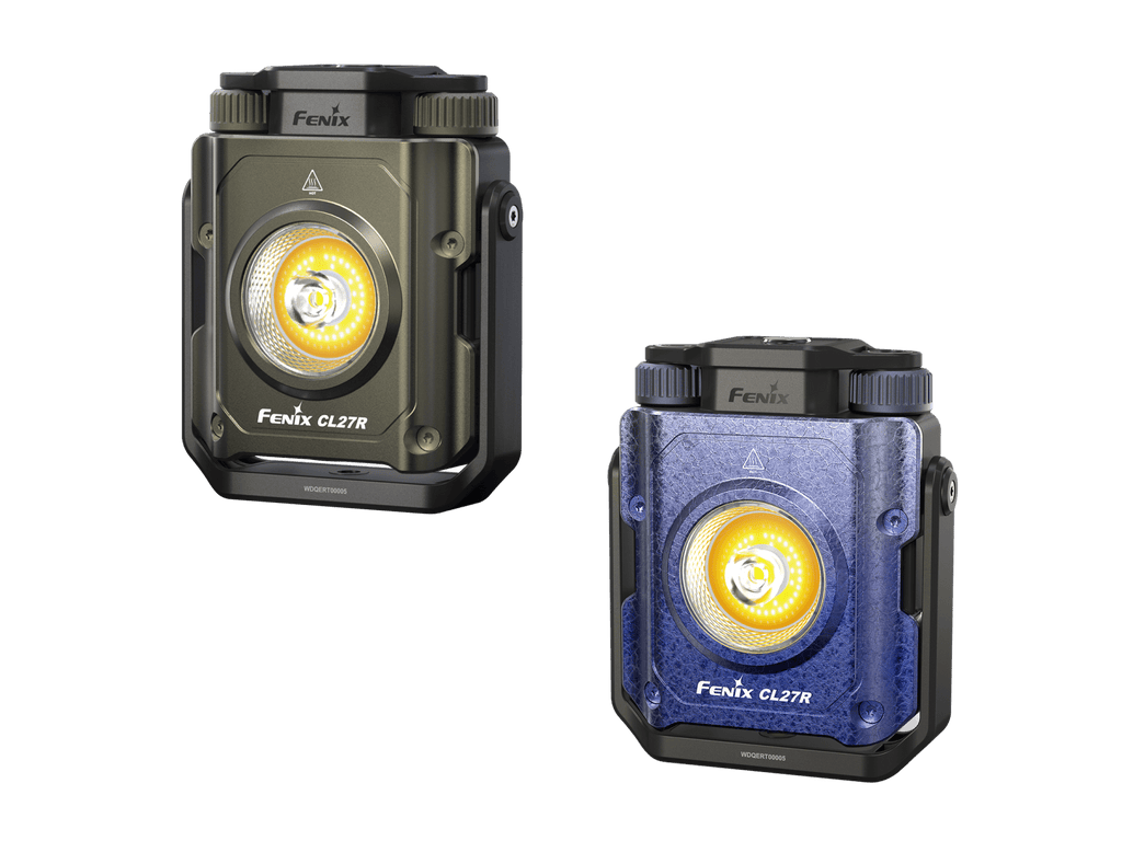 Two Fenix CL27R flashlights, one green and one blue, on a transparent background.