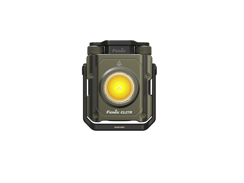 A Fenix CL2TR tactical LED light in olive drab green and black, featuring a glowing yellow illuminated lens, shown on a plain white background.