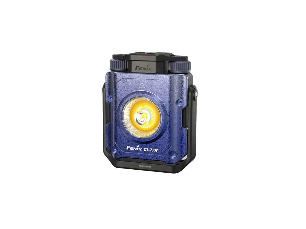 Fenix CL27R handheld LED flashlight in a textured blue and black rugged design, featuring a prominent circular yellow accent ring around the lens.