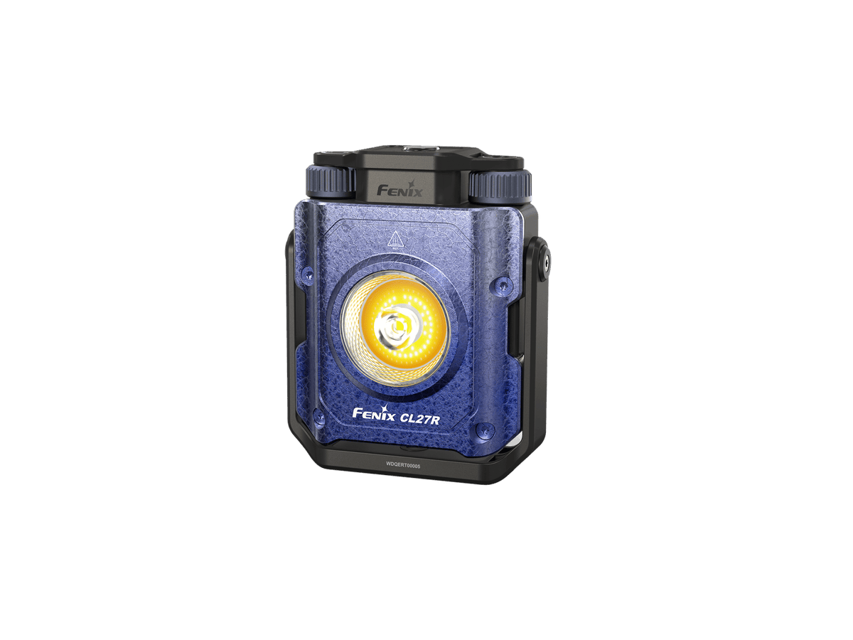 Fenix CL27R handheld LED flashlight in a textured blue and black rugged design, featuring a prominent circular yellow accent ring around the lens.