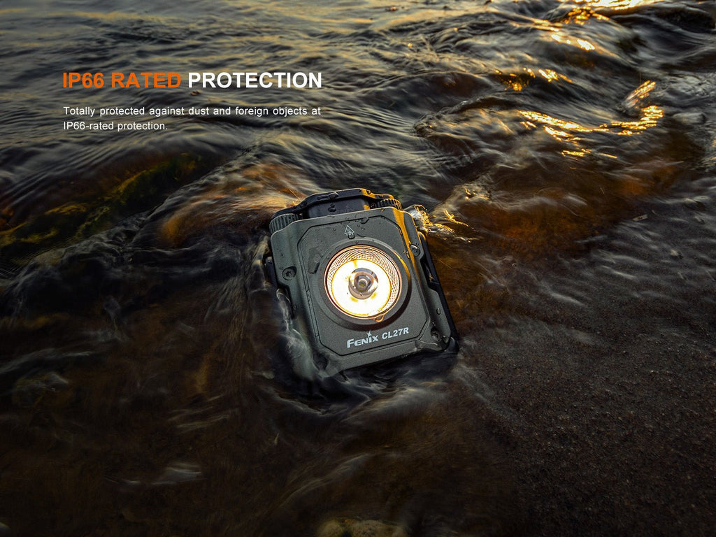 Flashlight submerged in water with 'IP66 Rated Protection' text above.