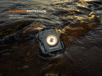 Flashlight submerged in water with 'IP66 Rated Protection' text above.
