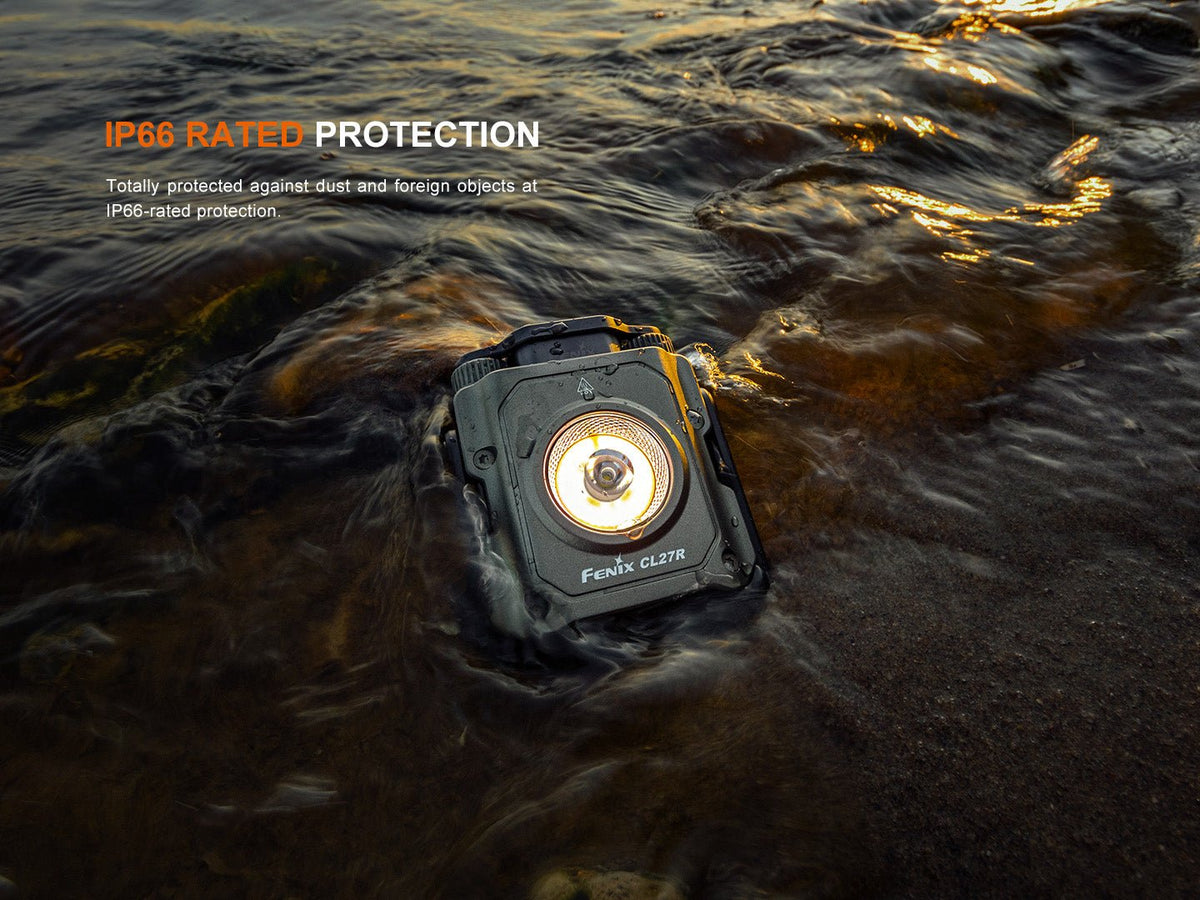 Flashlight submerged in water with 'IP66 Rated Protection' text above.