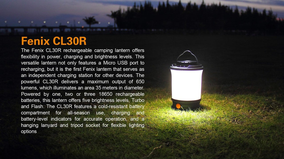 Fenix CL30R camping lantern on grass with text description