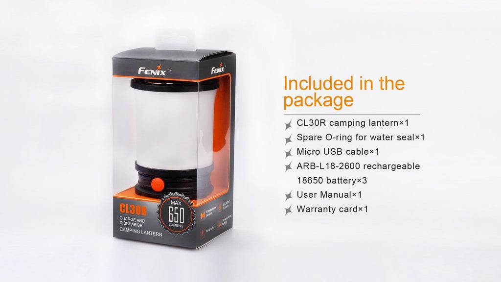 Fenix camping lantern packaging with included items listed on a white background