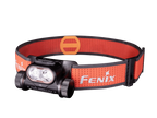 Fenix headlamp with an orange and black adjustable headband, featuring the Fenix logo on the side, shown against a solid white background.