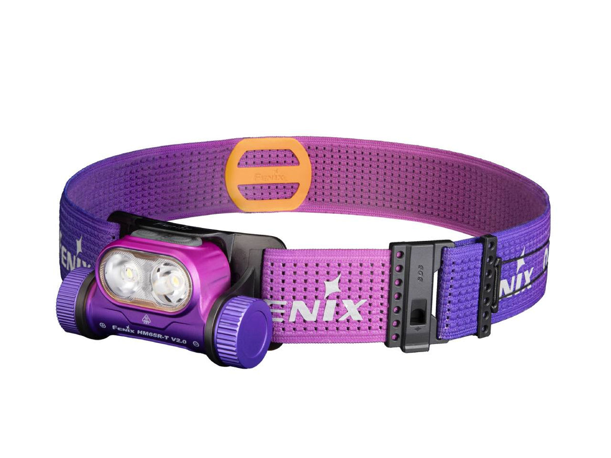 Purple headlamp with a visible brand logo on a white background