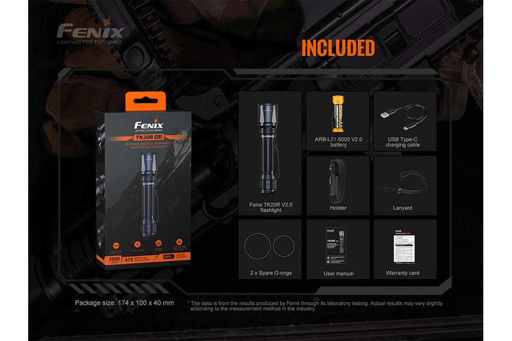 Fenix TKR20 V2.0 flashlight packaging with included items on a dark background