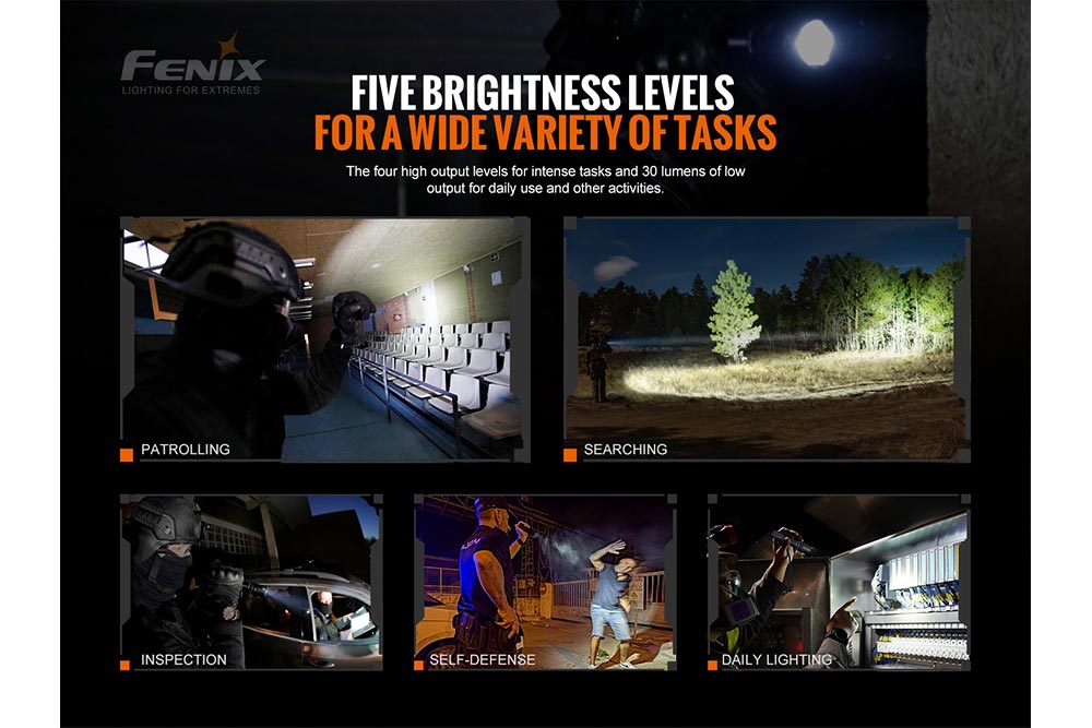 Fenix flashlight advertisement with five brightness levels for various tasks.