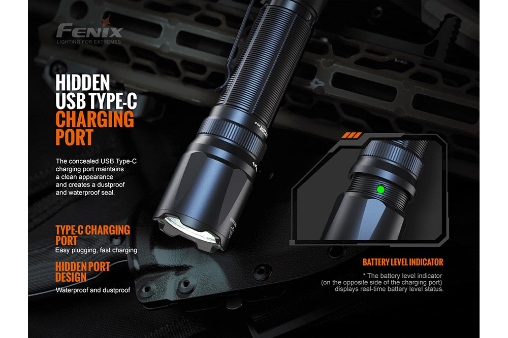 Fenix flashlight with USB Type-C charging port and battery level indicator on a dark background